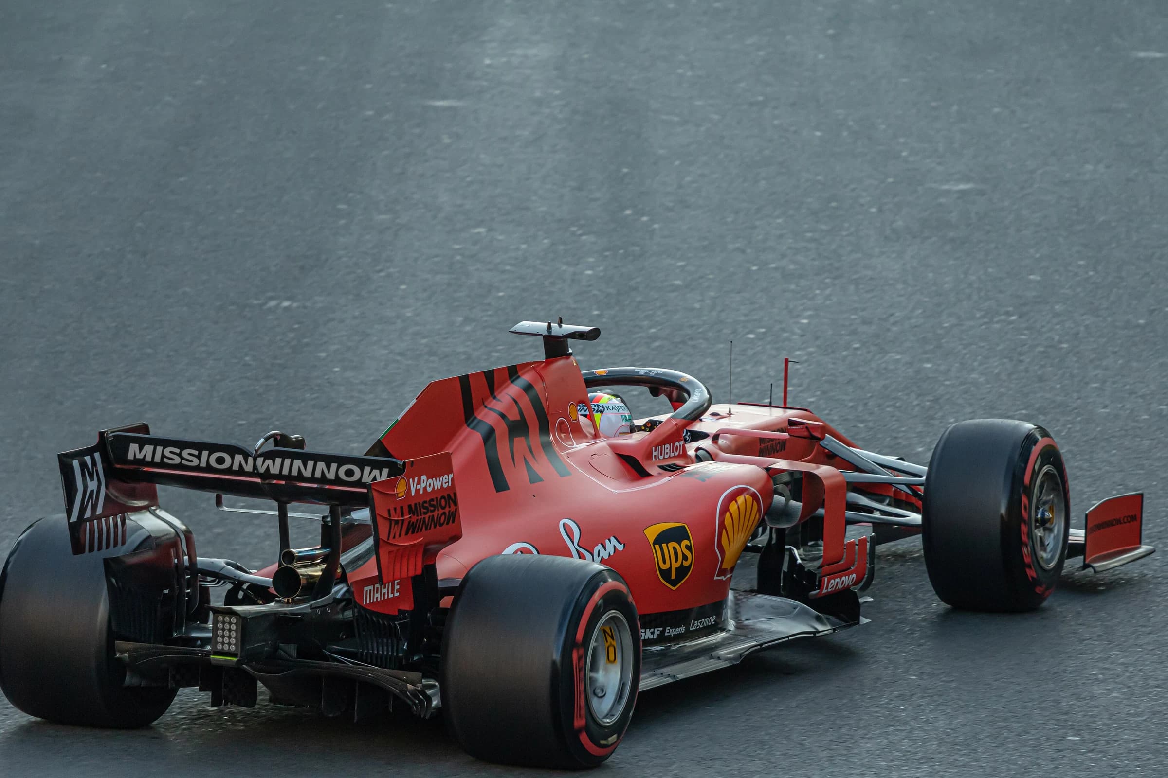 A Ferrari Formula One car racing on the Baku street circuit