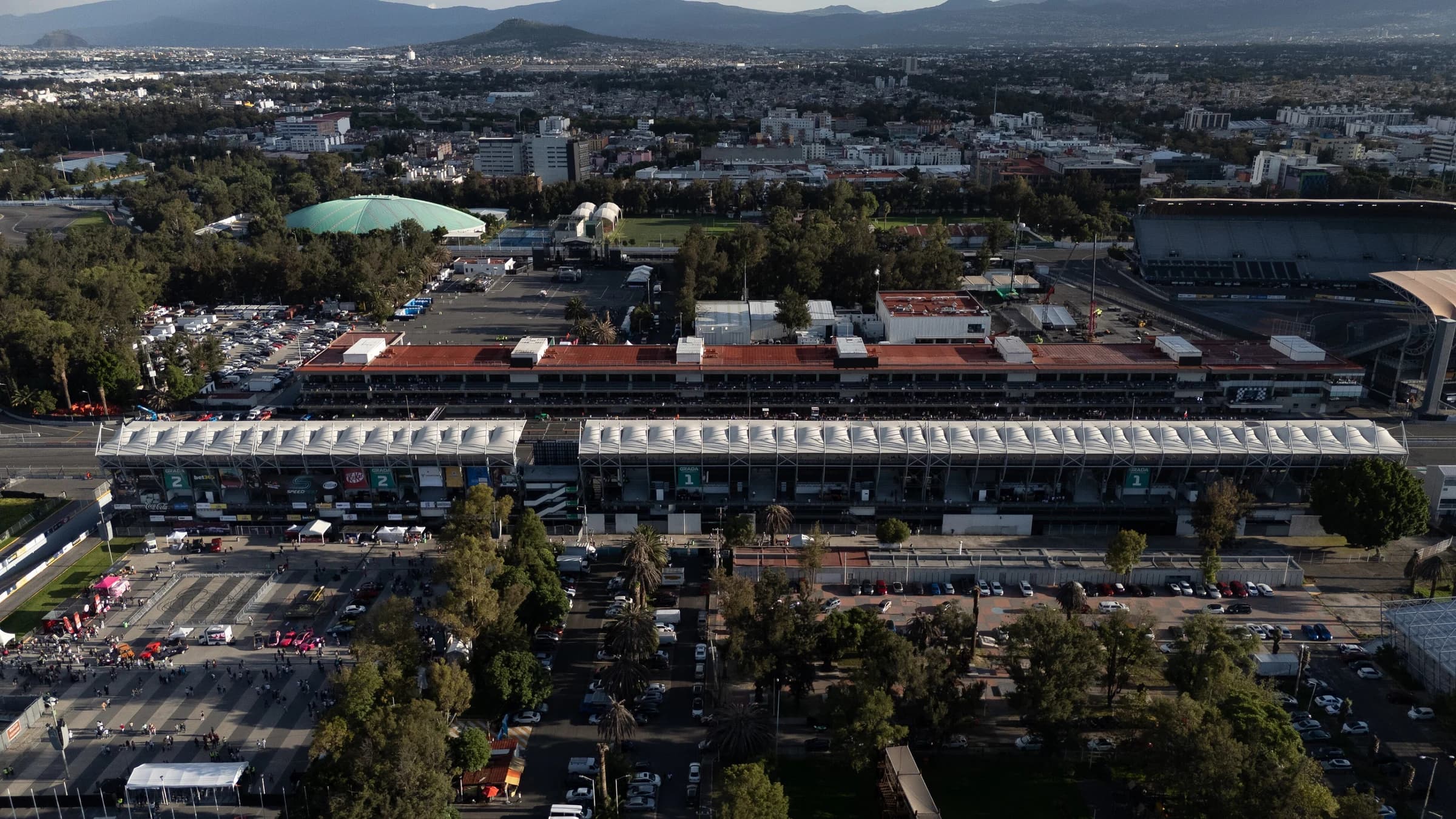 An aerial view of the Autódromo Hermanos Rodríguez in Mexico City