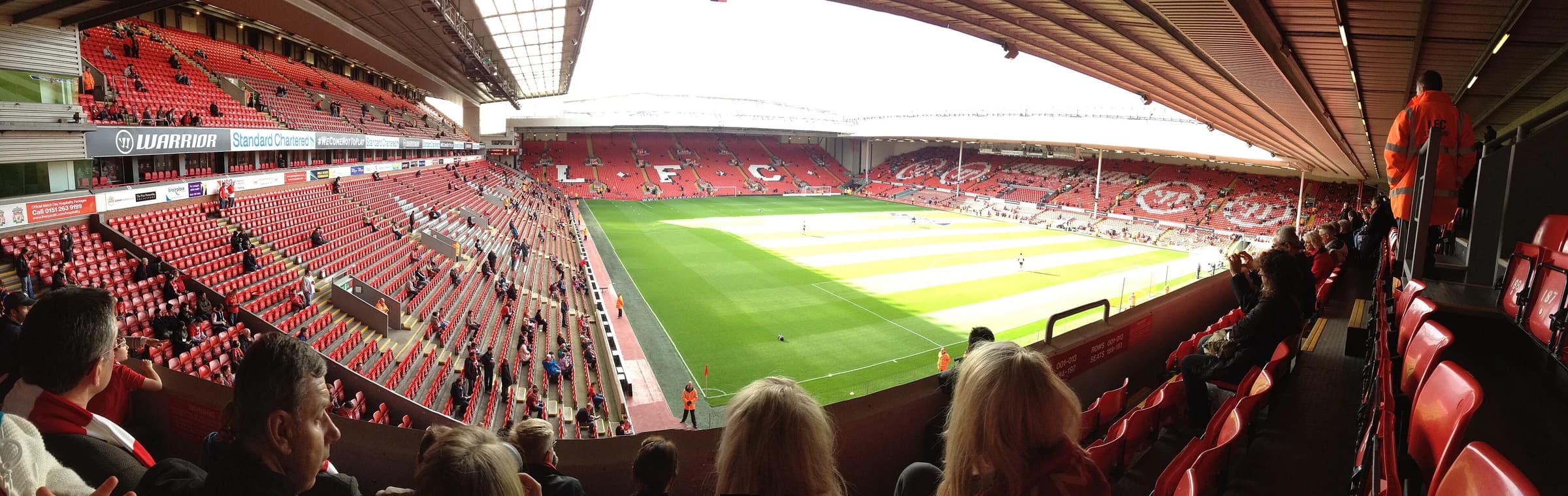 The pitch and stands at Anfield, Liverpool