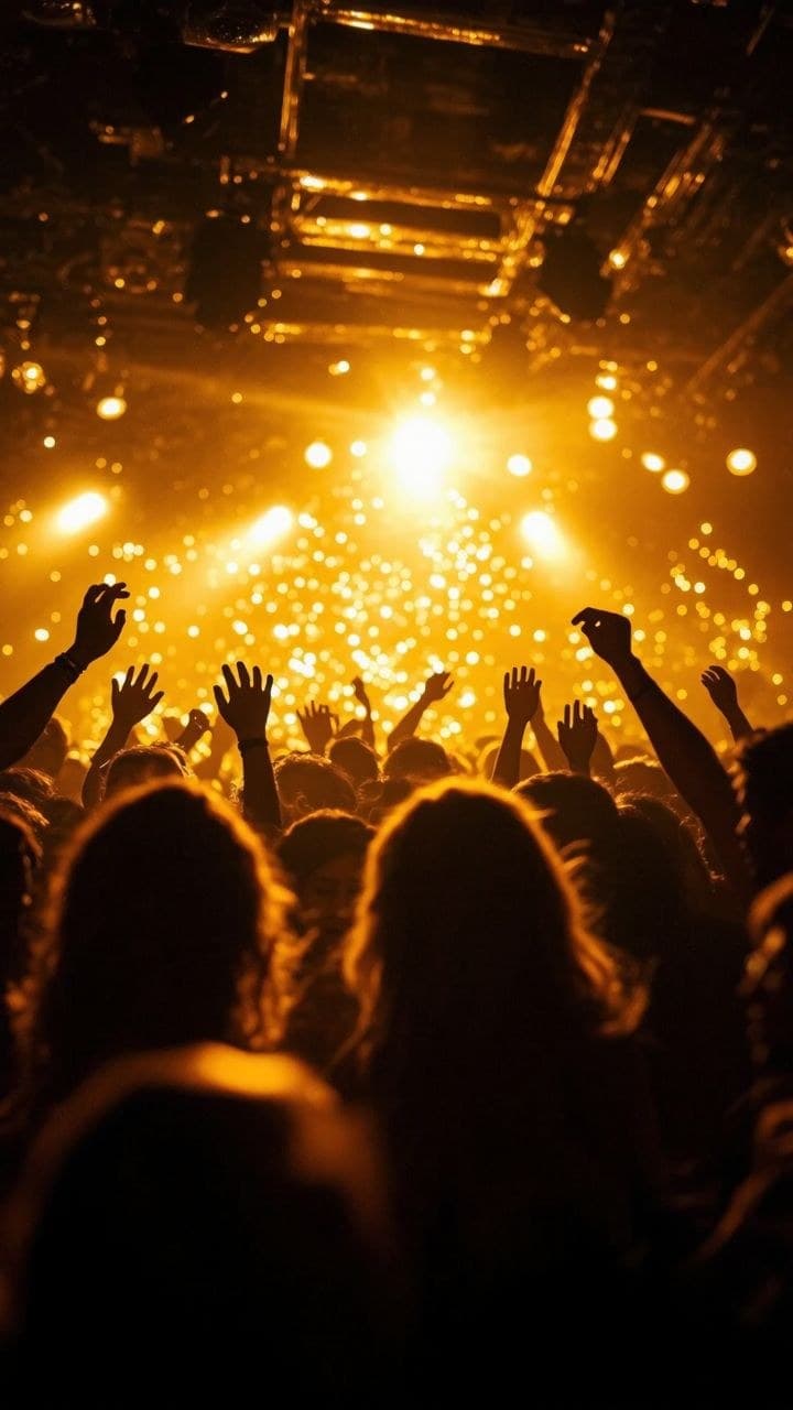A crowd with hands raised under gold stage lights at a live show