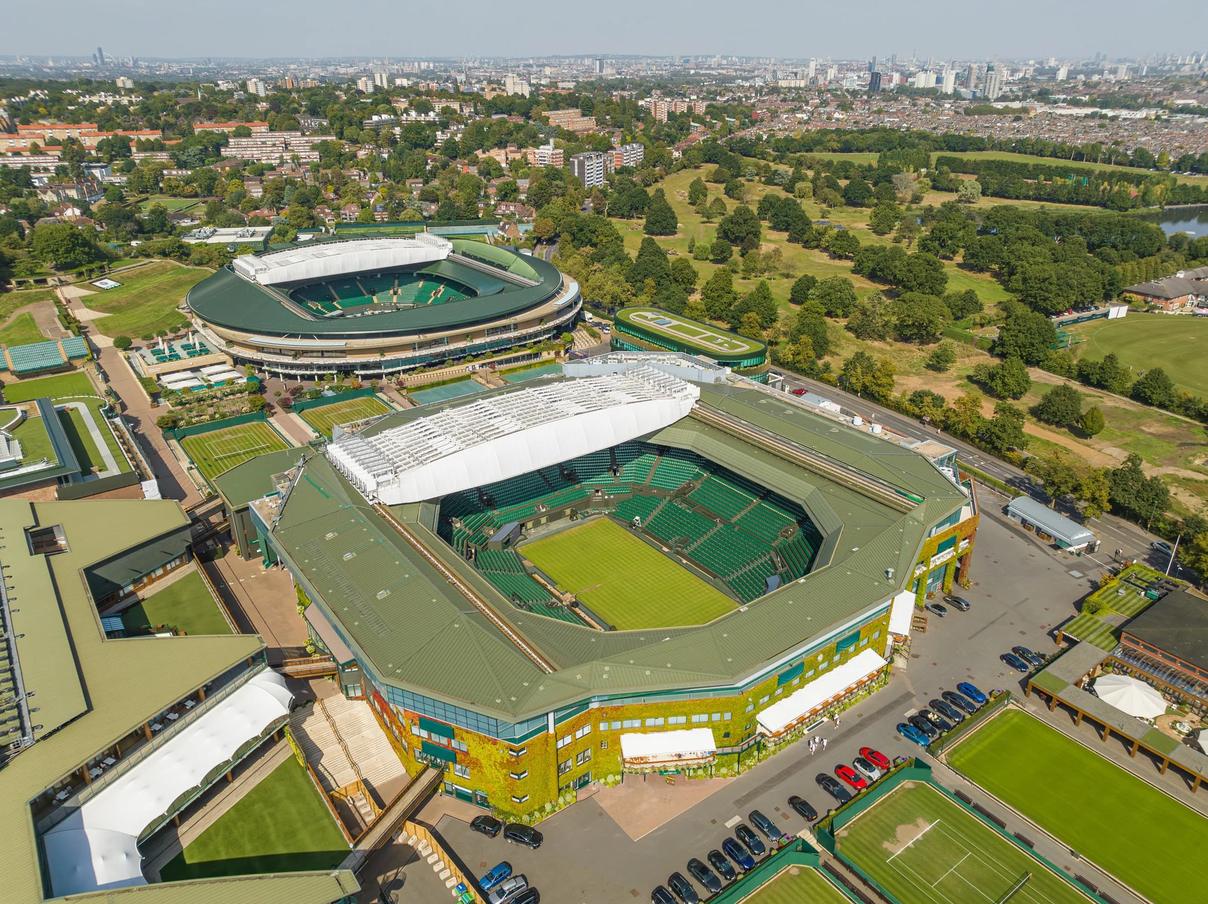 An aerial view of the Wimbledon grounds and grass courts